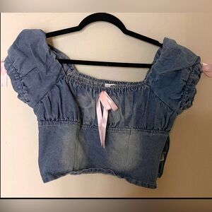 Fashion Nova Denim Blue Crop Top with Pink Accents
